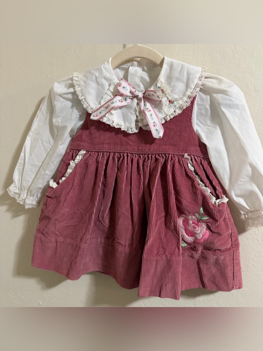 Vintage Toddler Girl 2-Piece Set Rose Pink Corduroy Pinafore & Lace Blouse 3T - Picture 8 of 14